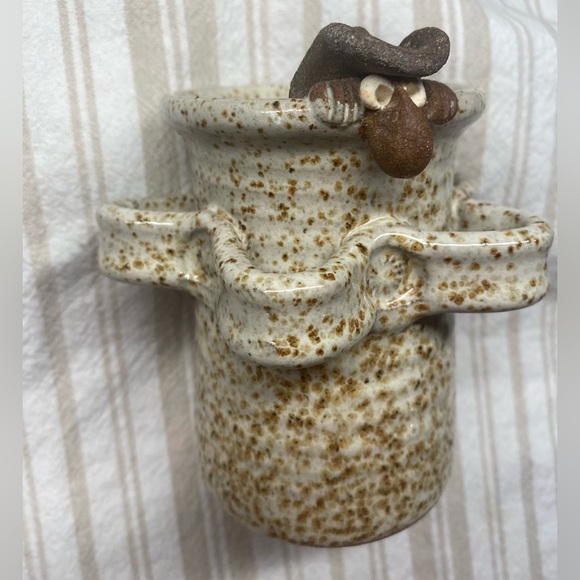 Vintage Signed Art Pottery Stoneware Toothbrush Holder/Cup with Cowboy Face - Picture 2 of 7